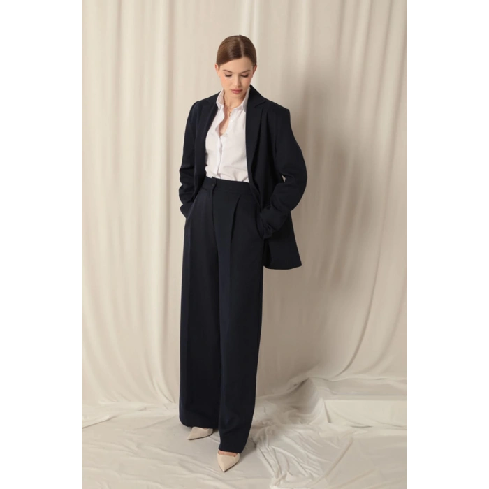 Atlas Kumaş Palazzo Kadın Mavi Pantolon