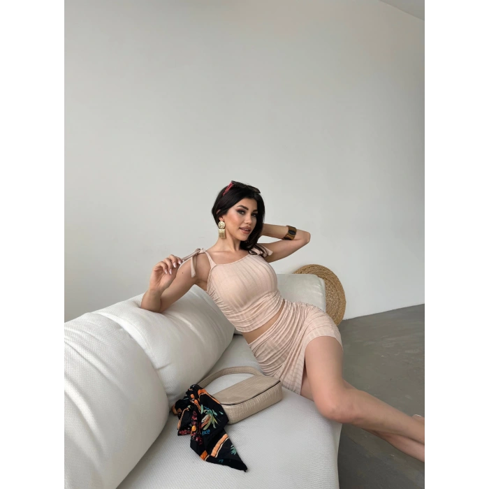 Bağcık Detaylı Crop Bluz Ve Etek İkili Takım