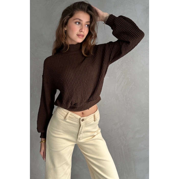 Balıkçı Yaka Dokulu Crop Bluz