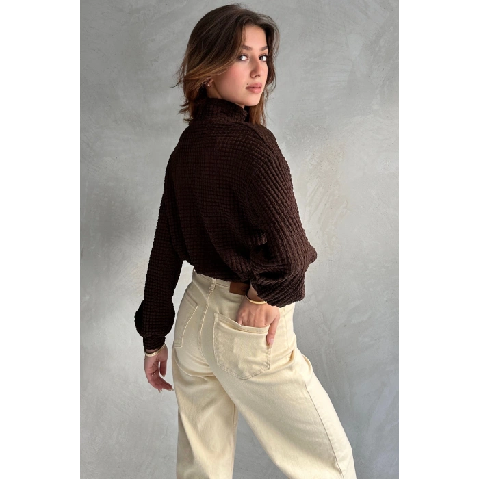 Balıkçı Yaka Dokulu Crop Bluz