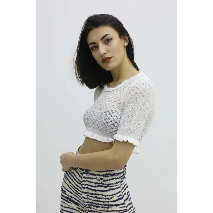 Bel Lastikli Triko Bluz - P-019803EKRU