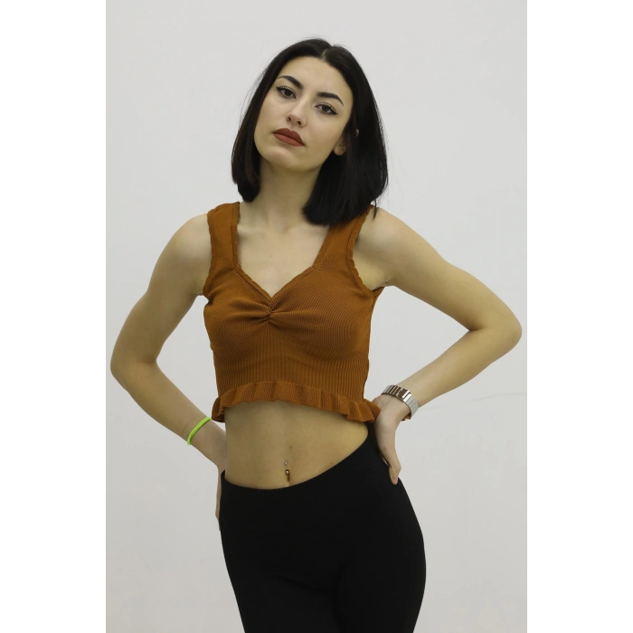 Bel Lastikli Triko Bluz Taba - P-019708