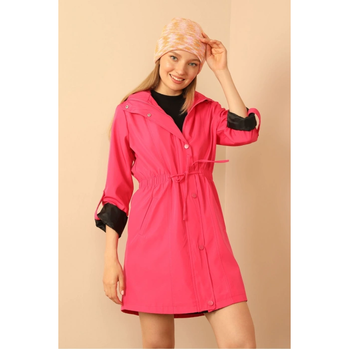 Bondig Kumaş Kapşonlu Uzun Kadın Yağmurluk-Fuşya