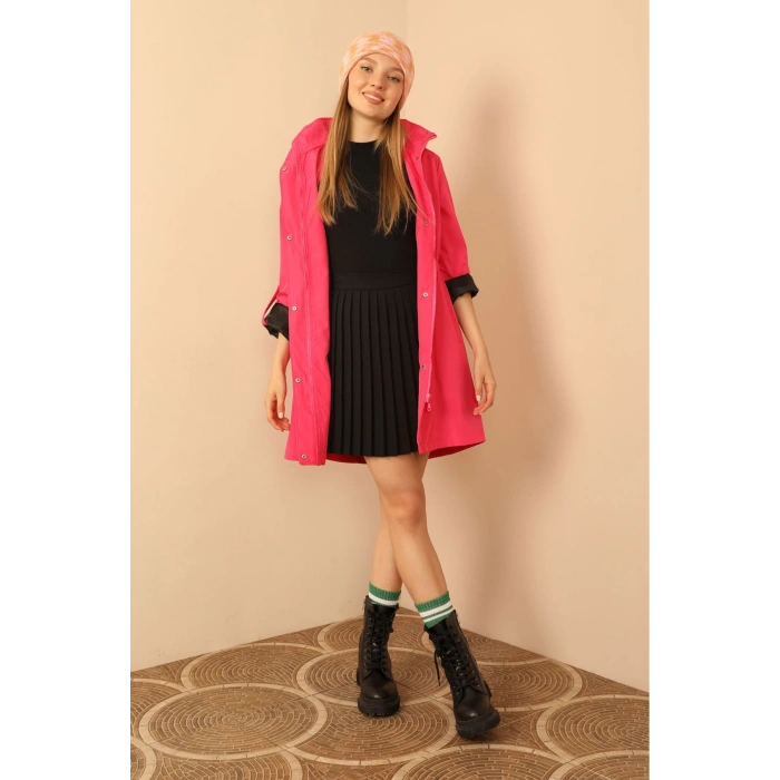 Bondig Kumaş Kapşonlu Uzun Kadın Yağmurluk-Fuşya