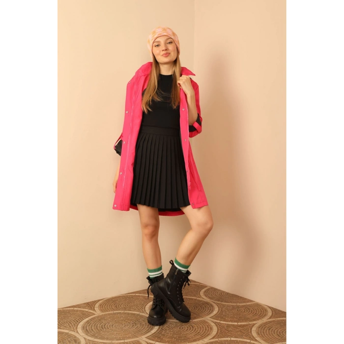 Bondig Kumaş Kapşonlu Uzun Kadın Yağmurluk-Fuşya