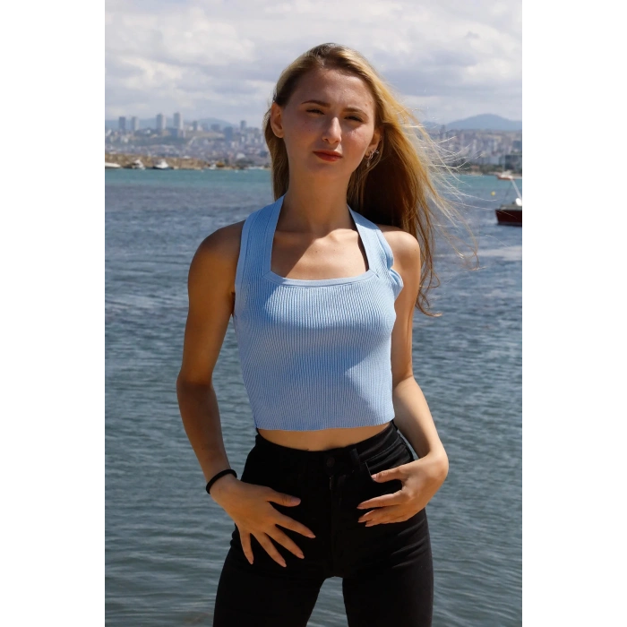 Boyun Geçirmeli Triko Büstiyer Mavi - P-019915