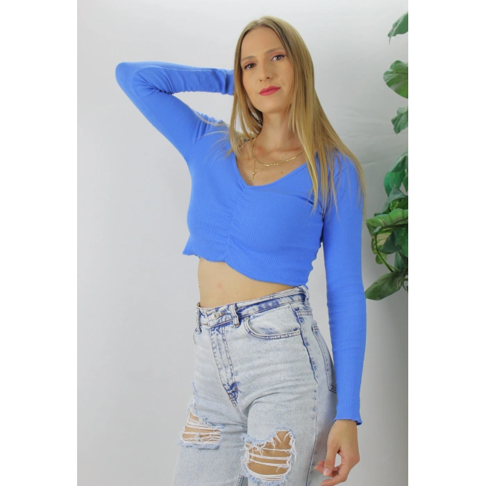 Büzgülü Fitilli Bluz Mavi  - 94574