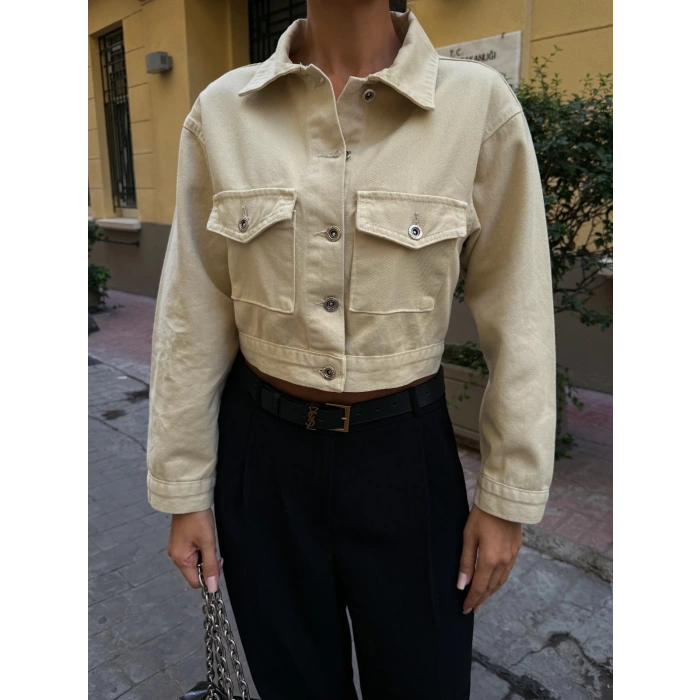 Çift Cep Denim Crop Ceket