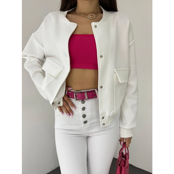 Çift Cepli Denim Crop Ceket