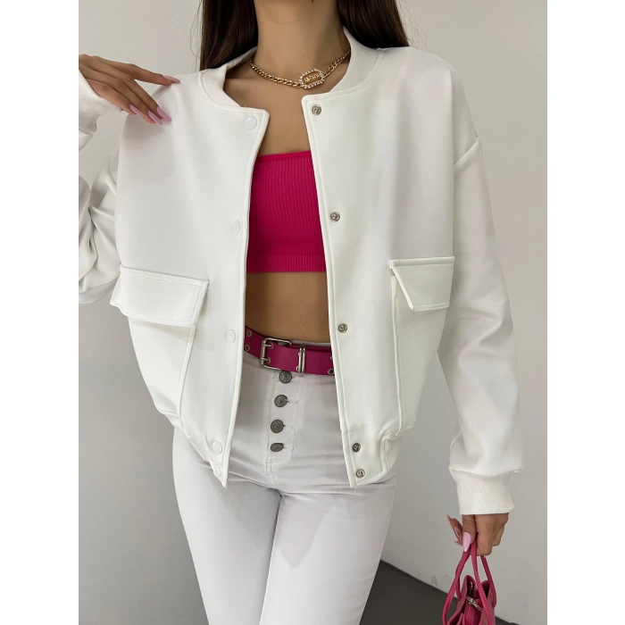 Çift Cepli Denim Crop Ceket