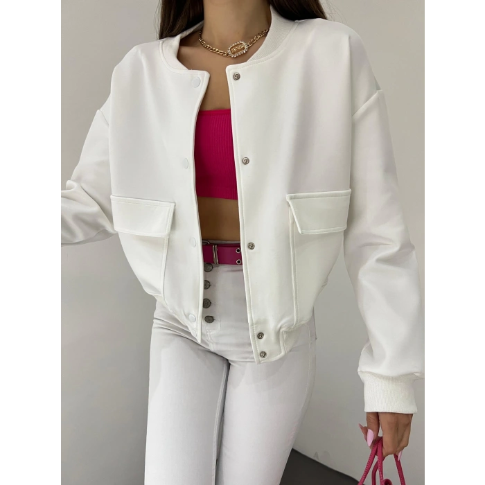 Çift Cepli Denim Crop Ceket