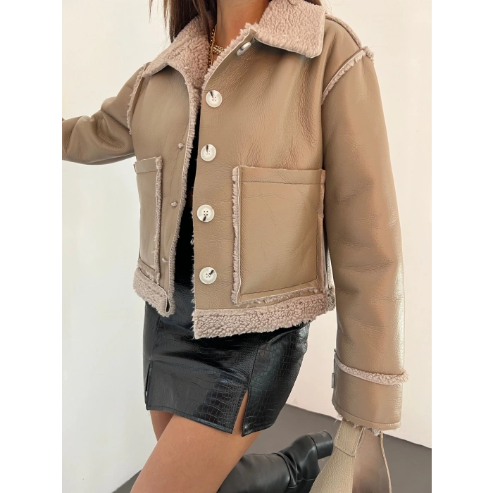 Çift Cepli Kürk Detaylı Suni Deri Ceket