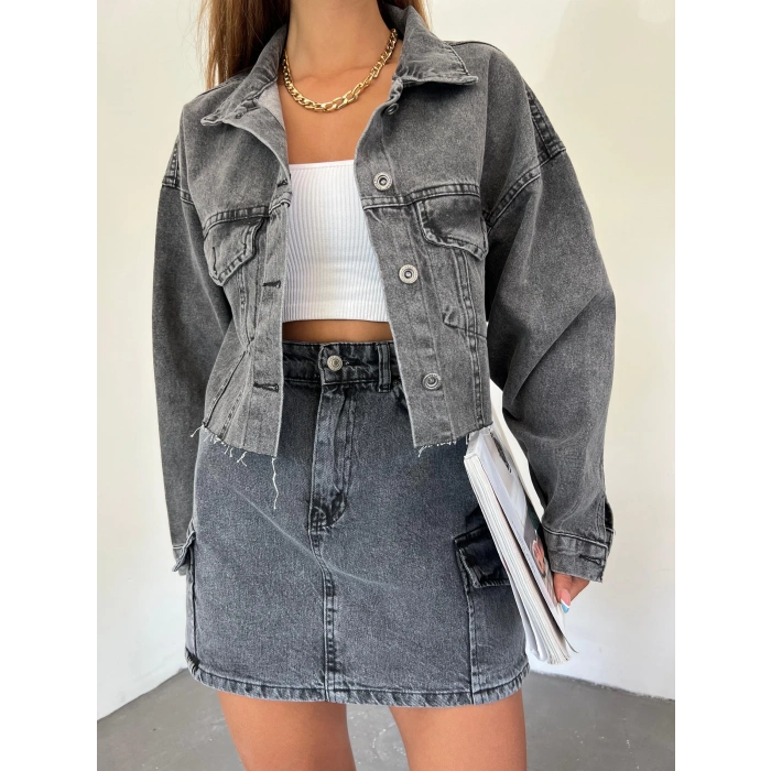 Çift Cepli Yıkamalı Crop Denim Ceket
