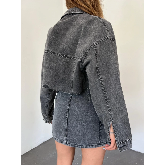 Çift Cepli Yıkamalı Crop Denim Ceket