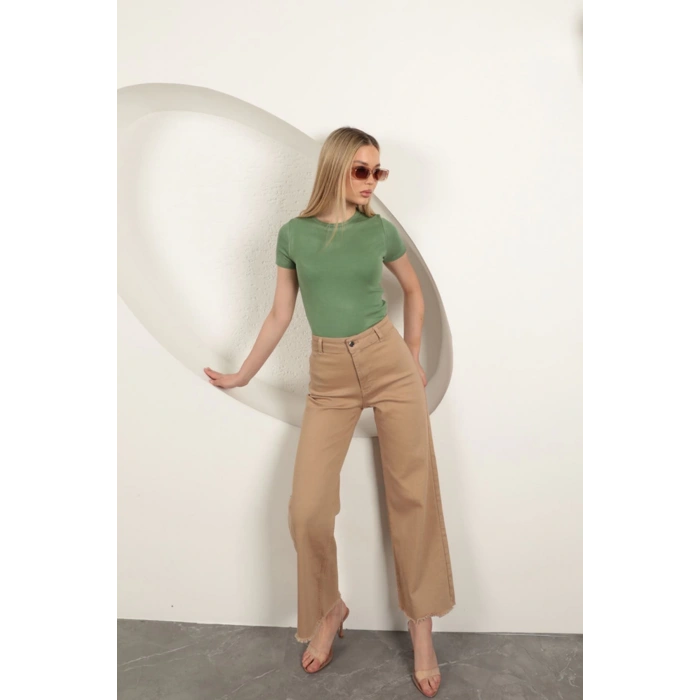 Çilek Viskon Kumaş Basic Tişört-Haki