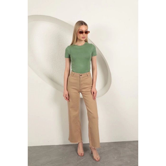 Çilek Viskon Kumaş Basic Tişört-Haki