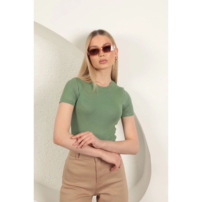 Çilek Viskon Kumaş Basic Tişört-Haki