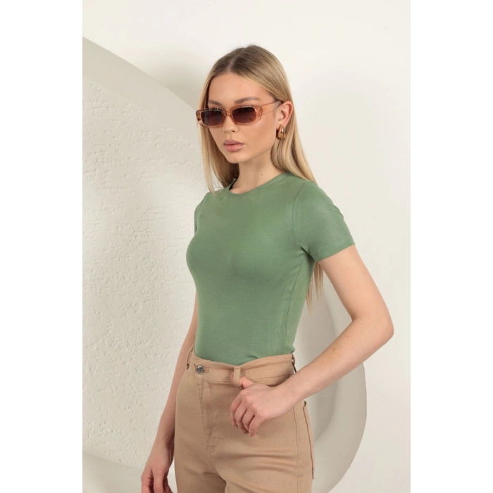 Çilek Viskon Kumaş Basic Tişört-Haki