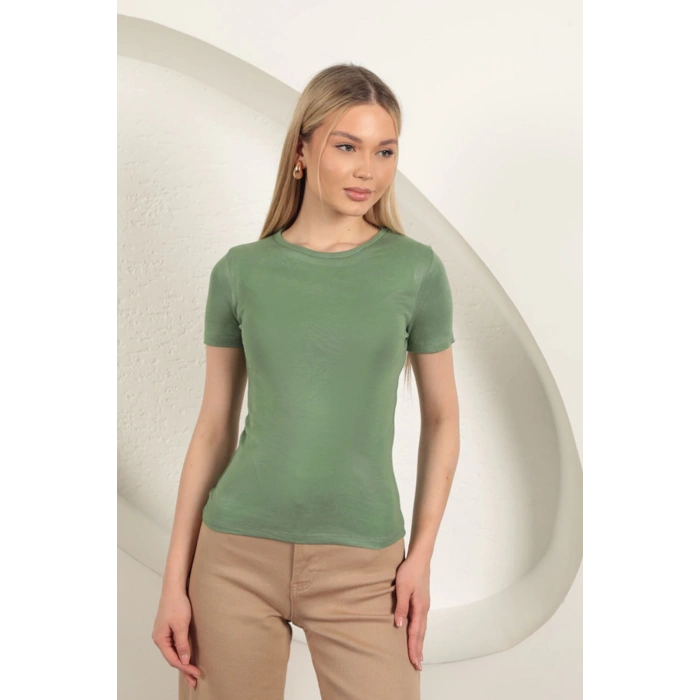 Çilek Viskon Kumaş Basic Tişört-Haki