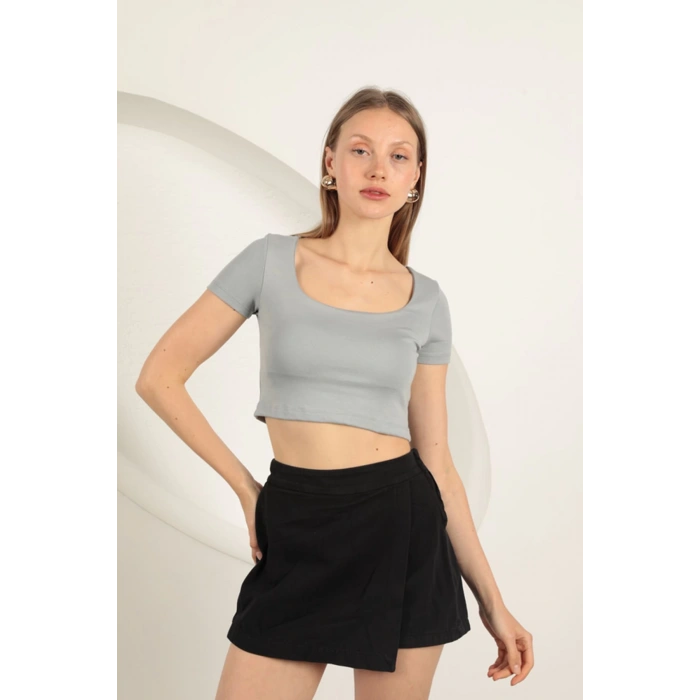 Çilek Viskon Kumaş U Yaka Bluz-Gri