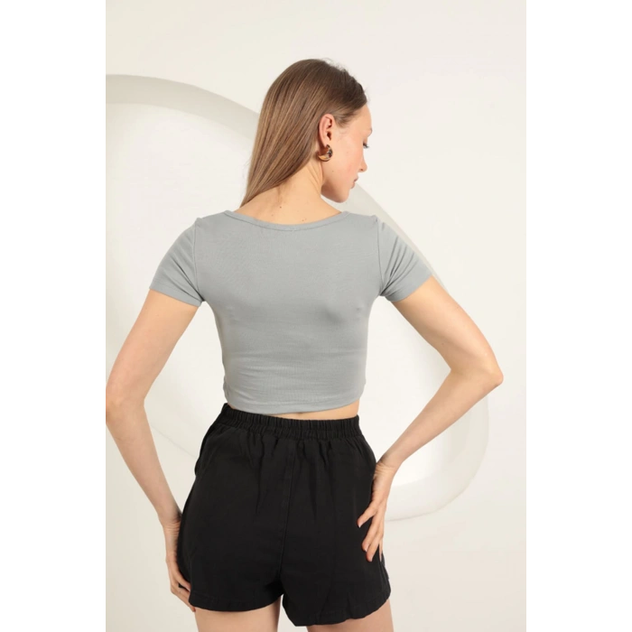 Çilek Viskon Kumaş U Yaka Bluz-Gri