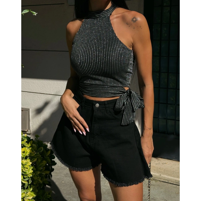 Çizgili Beli Kuşak Detaylı Halter Bluz