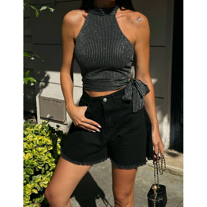 Çizgili Beli Kuşak Detaylı Halter Bluz