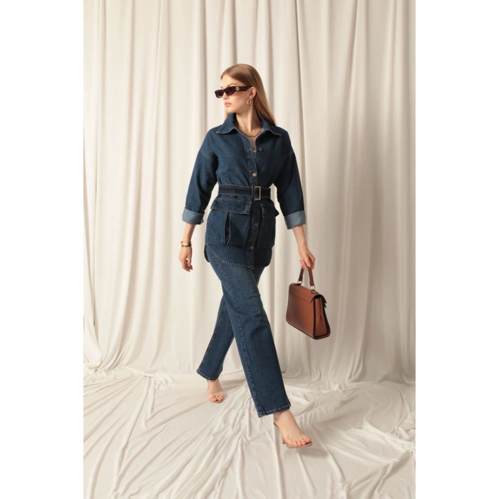 Denim Kumaş Cep Detay Kadın Lacivert Kot Ceket