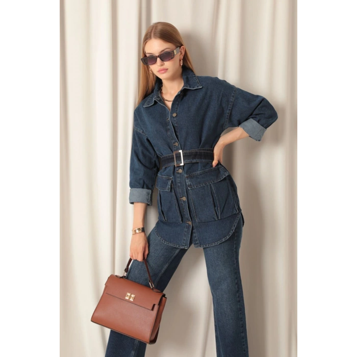 Denim Kumaş Cep Detay Kadın Lacivert Kot Ceket
