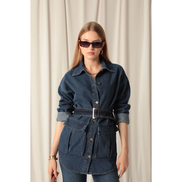 Denim Kumaş Cep Detay Kadın Lacivert Kot Ceket