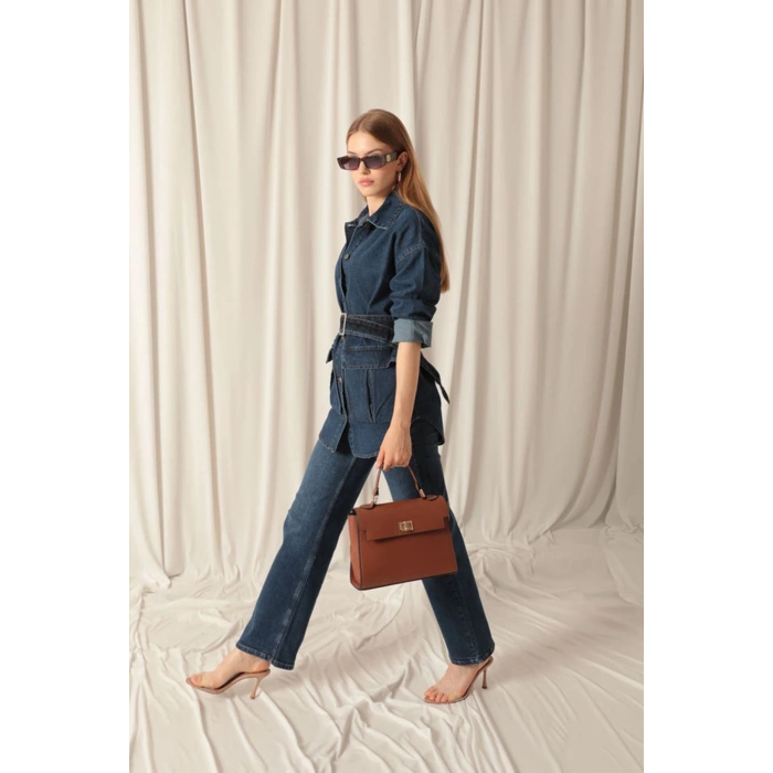 Denim Kumaş Cep Detay Kadın Lacivert Kot Ceket