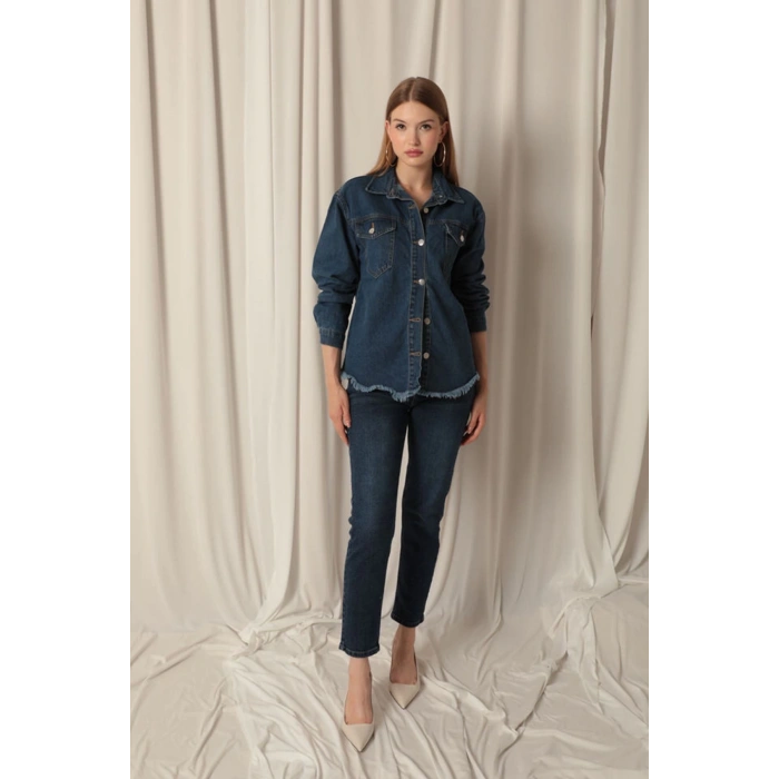 Denim Kumaş Cep Detay Püsküllü Kadın Mavi Kot Ceket