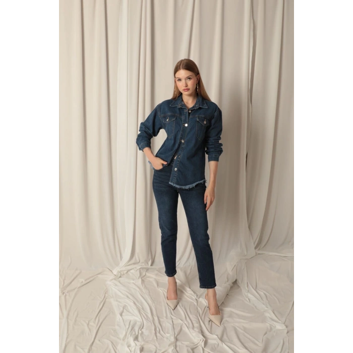 Denim Kumaş Cep Detay Püsküllü Kadın Mavi Kot Ceket