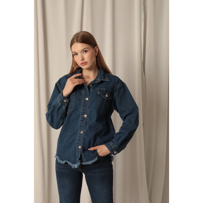 Denim Kumaş Cep Detay Püsküllü Kadın Mavi Kot Ceket