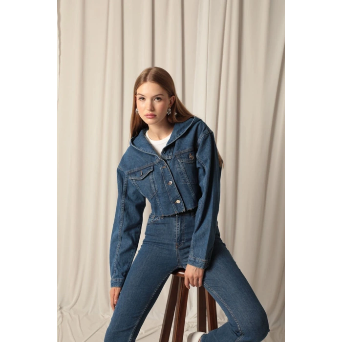 Denim Kumaş Kapüşonlu Kısa Kadın Lacivert Kot Ceket