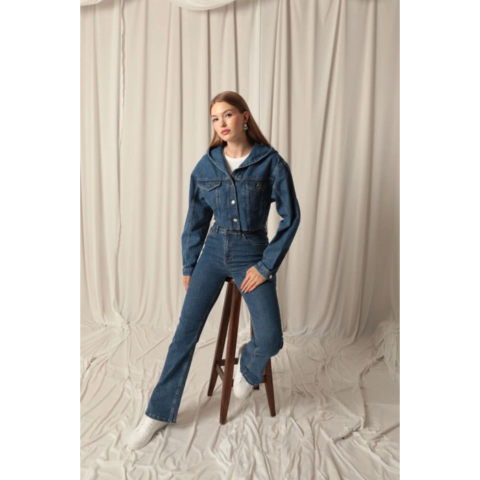 Denim Kumaş Kapüşonlu Kısa Kadın Lacivert Kot Ceket