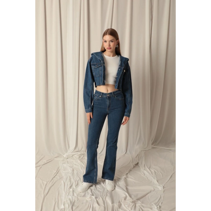 Denim Kumaş Kapüşonlu Kısa Kadın Lacivert Kot Ceket