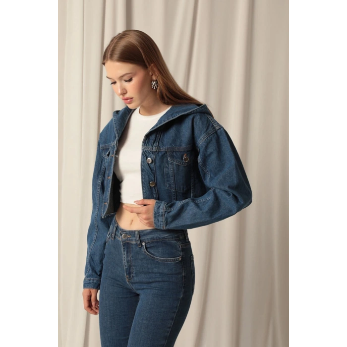 Denim Kumaş Kapüşonlu Kısa Kadın Lacivert Kot Ceket