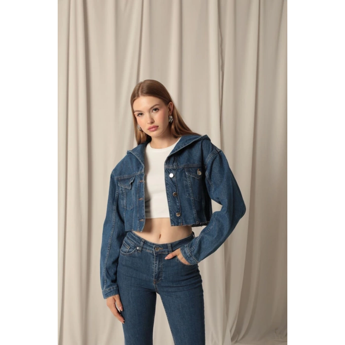 Denim Kumaş Kapüşonlu Kısa Kadın Lacivert Kot Ceket