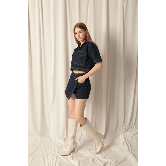 Denim Kumaş Kısa Cepli Crop Kadın Lacivert Kot Ceket