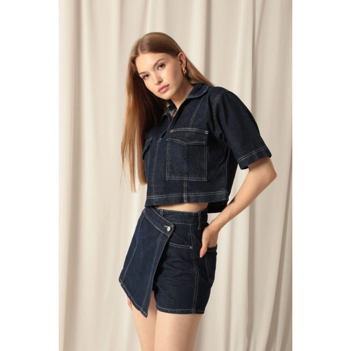 Denim Kumaş Kısa Cepli Crop Kadın Lacivert Kot Ceket