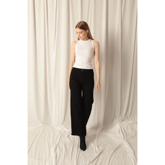 Denim Kumaş Wide Leg Paçası Püsküllü Salaş Kadın Siyah Kot Pantolon