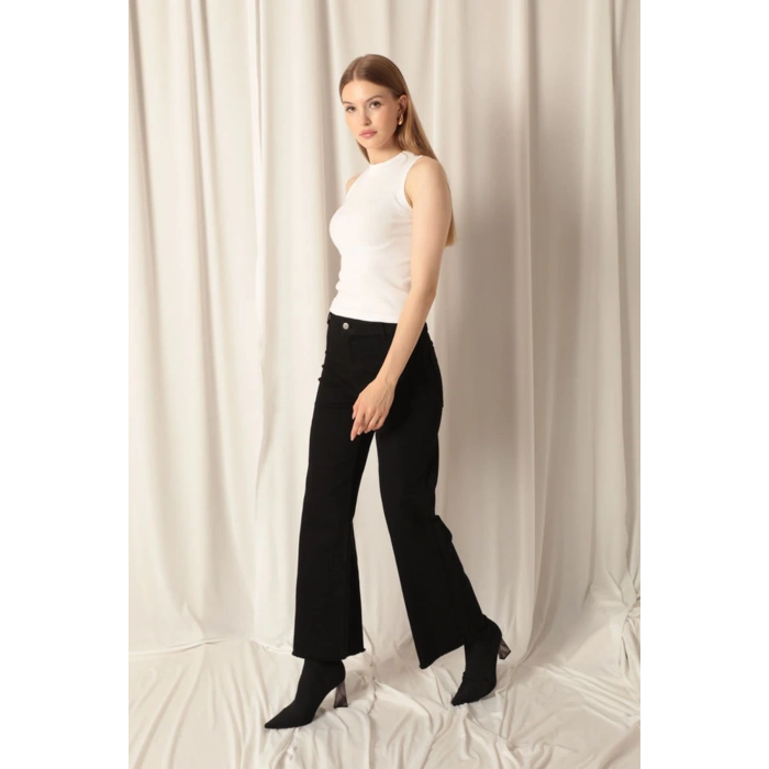 Denim Kumaş Wide Leg Paçası Püsküllü Salaş Kadın Siyah Kot Pantolon