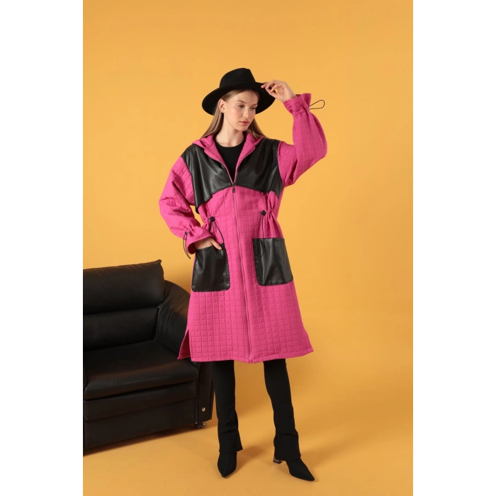 Deri Kumaş Garni Detay Jakar Kadın Trençkot-Fuşya