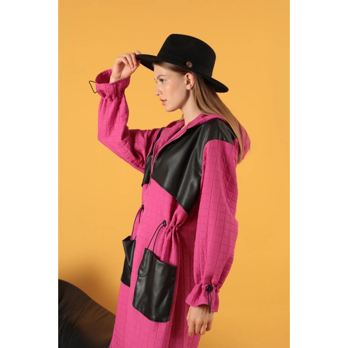 Deri Kumaş Garni Detay Jakar Kadın Trençkot-Fuşya
