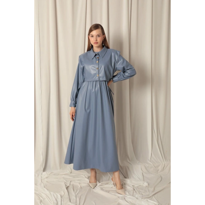 Deri Kumaş Kadın İndigo Elbise