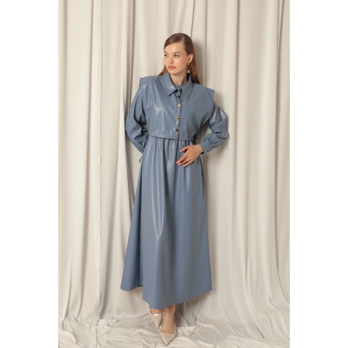 Deri Kumaş Kadın İndigo Elbise