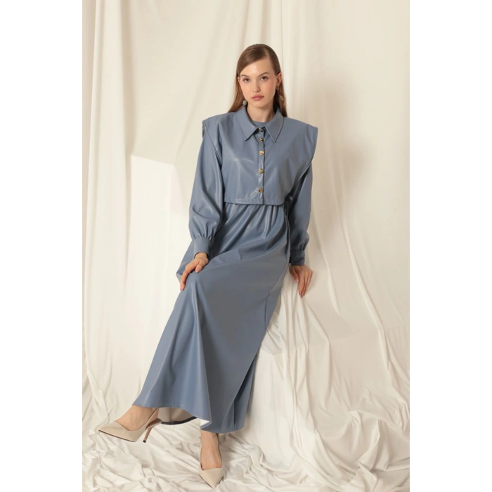 Deri Kumaş Kadın İndigo Elbise