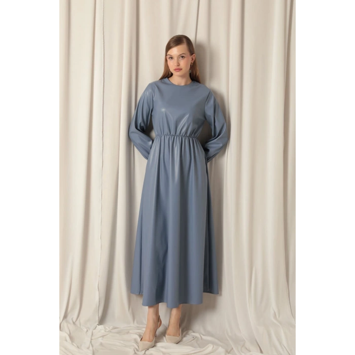 Deri Kumaş Kadın İndigo Elbise