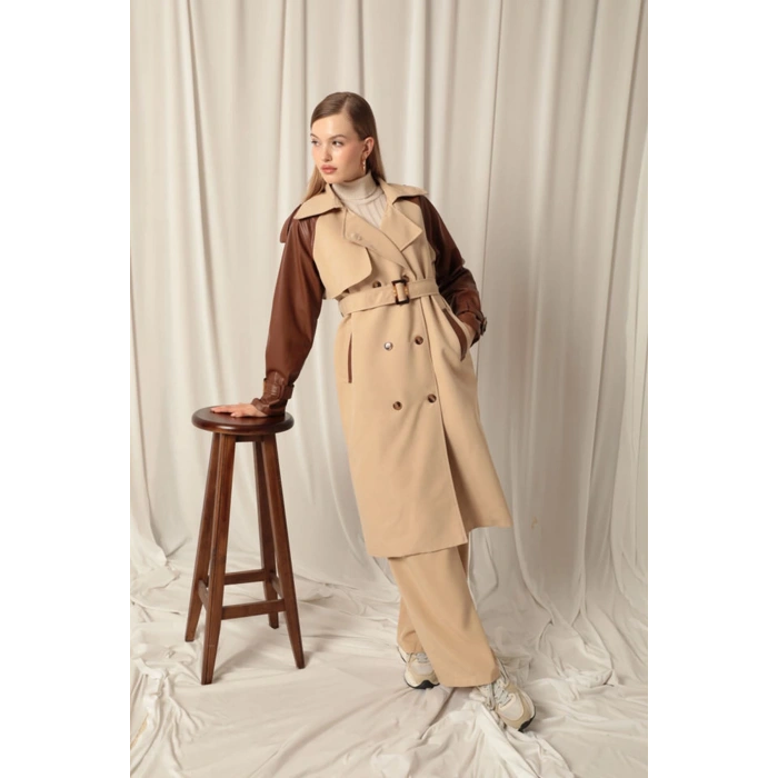 Dokuma Kumaş Deri Garnili Kadın Bej Trenckot